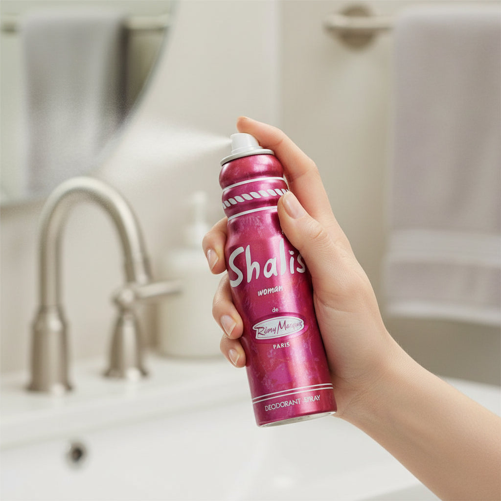 Shalis deodorant spray bottle with a pink rose