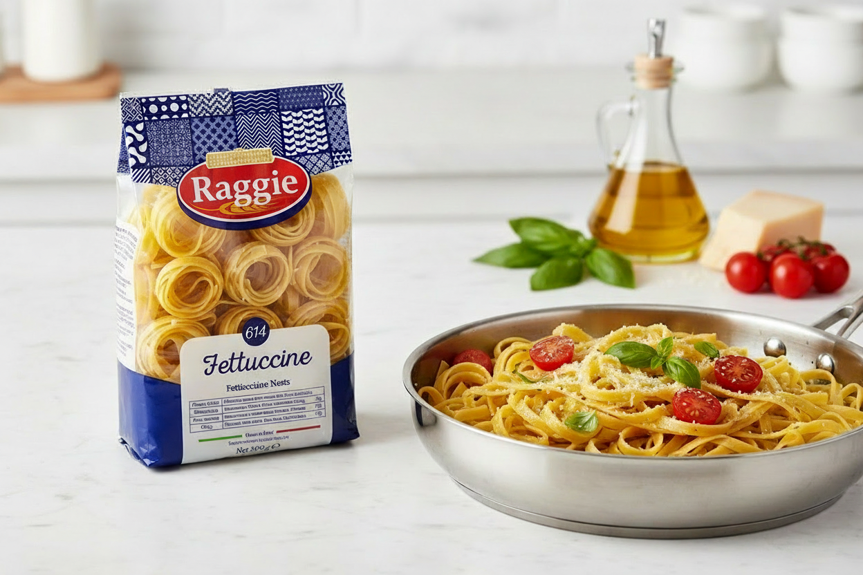 Packaged fettuccine next to a pan of pasta with tomatoes and basil on a kitchen counter.