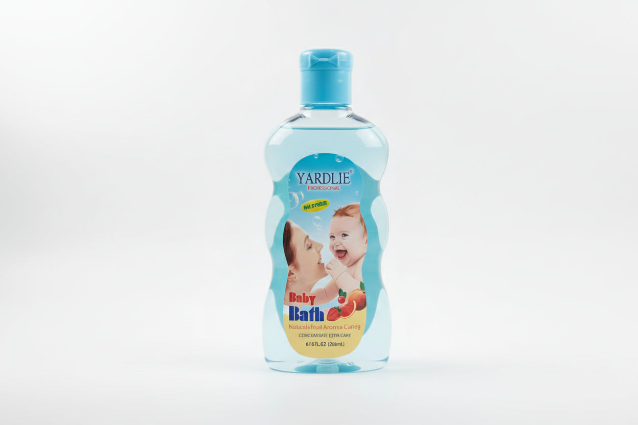 Two bottles of Yardlie Baby Bath with baby images on the labels against a blurred background.