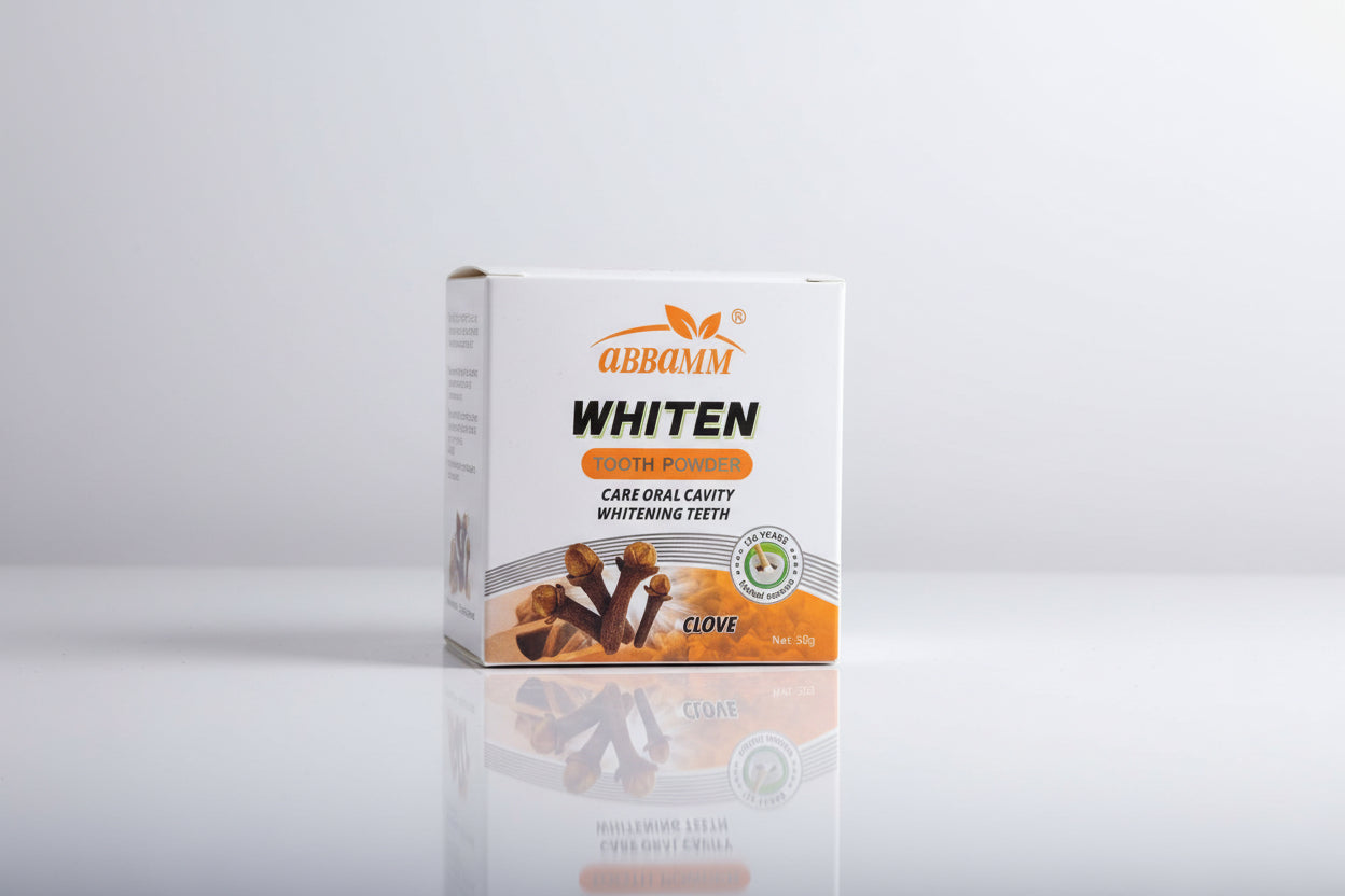 Box of ABBAMM Whiten tooth powder on a white background