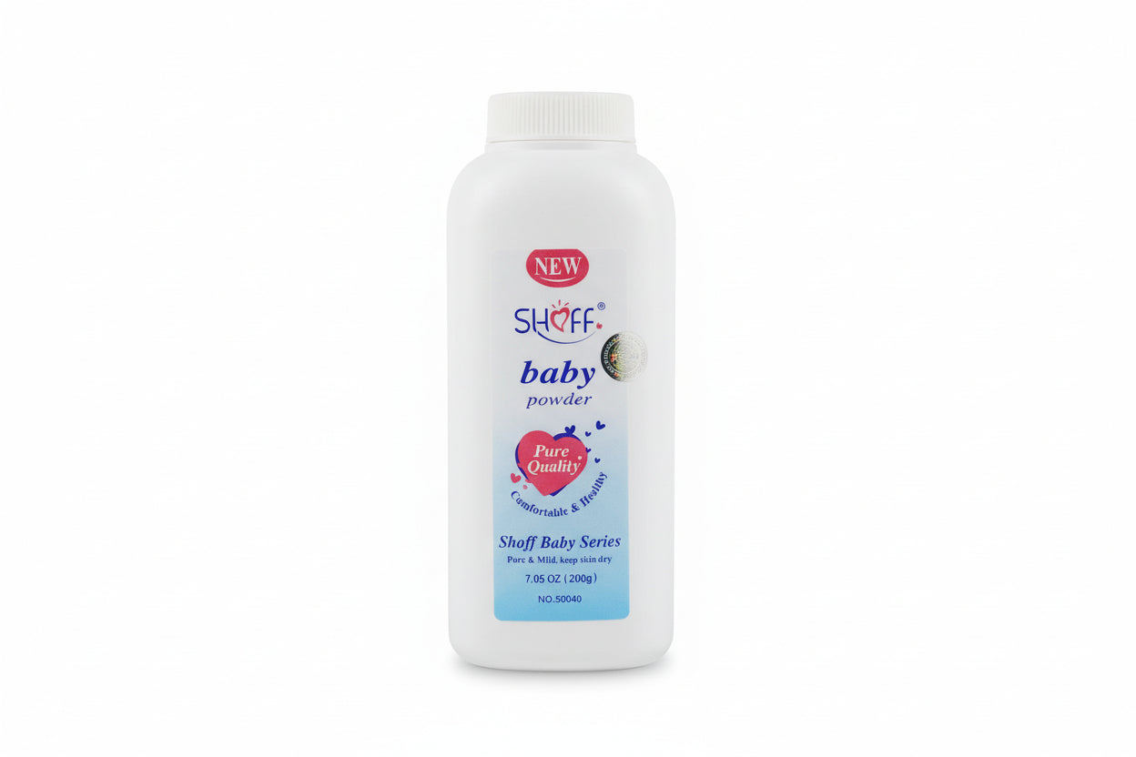 Multiple bottles of Shoff baby powder on a shelf.