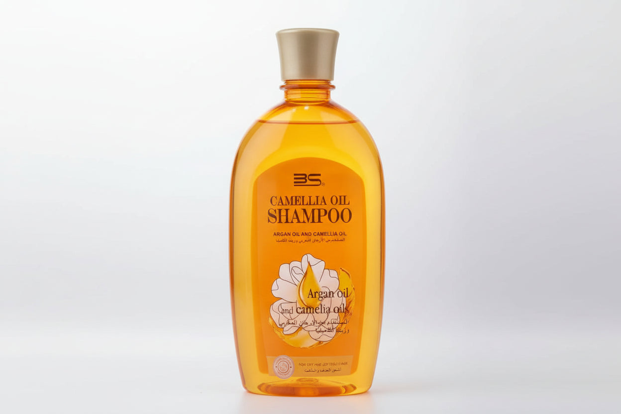 Row of Camellia Shampoo bottles on a shelf