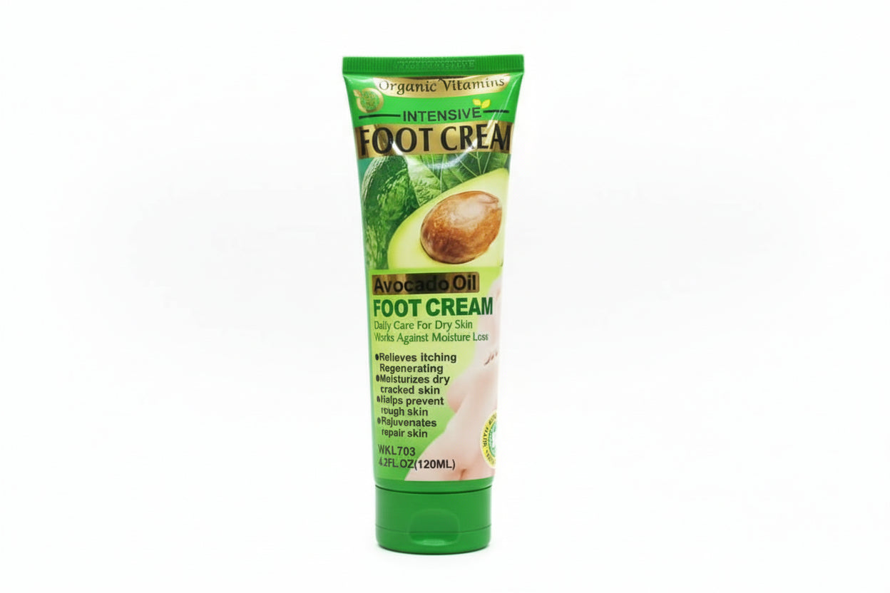Multiple bottles of Mami C.A. foot cream in various flavors on a white background