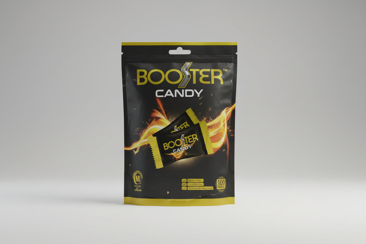 Booster Candy packaging with fiery design