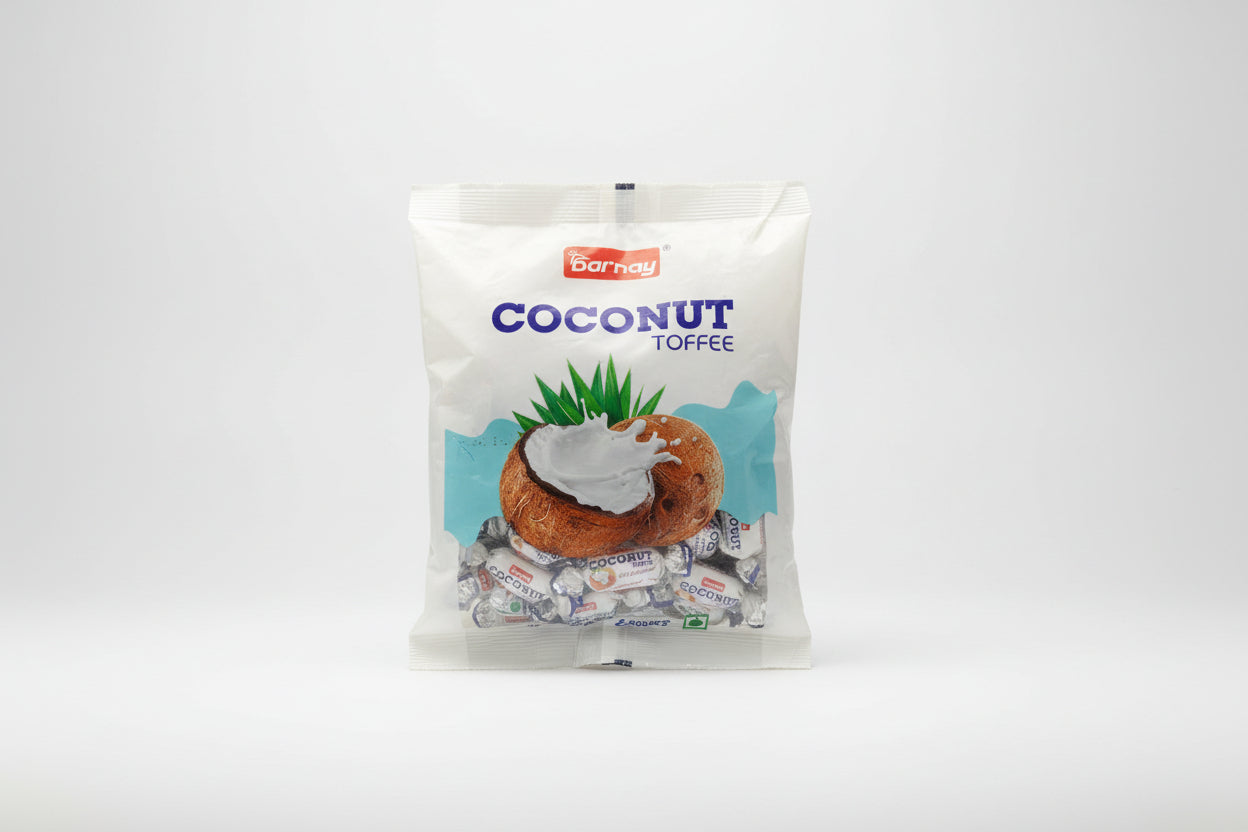 Packaged coconut toffee on a textured surface