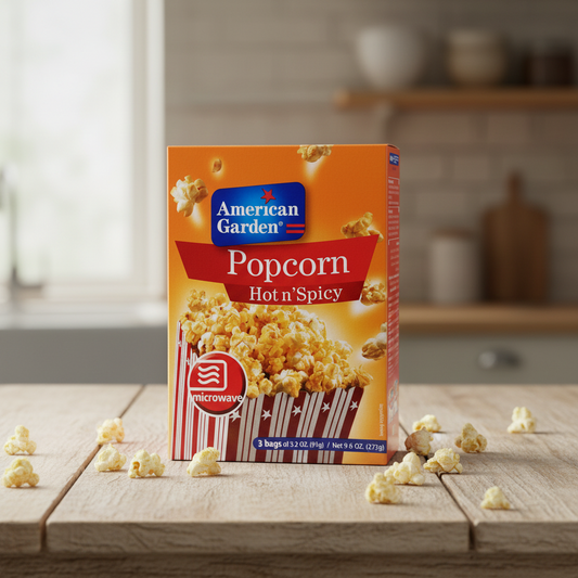 American Garden Hot n' Spicy popcorn box on a black background