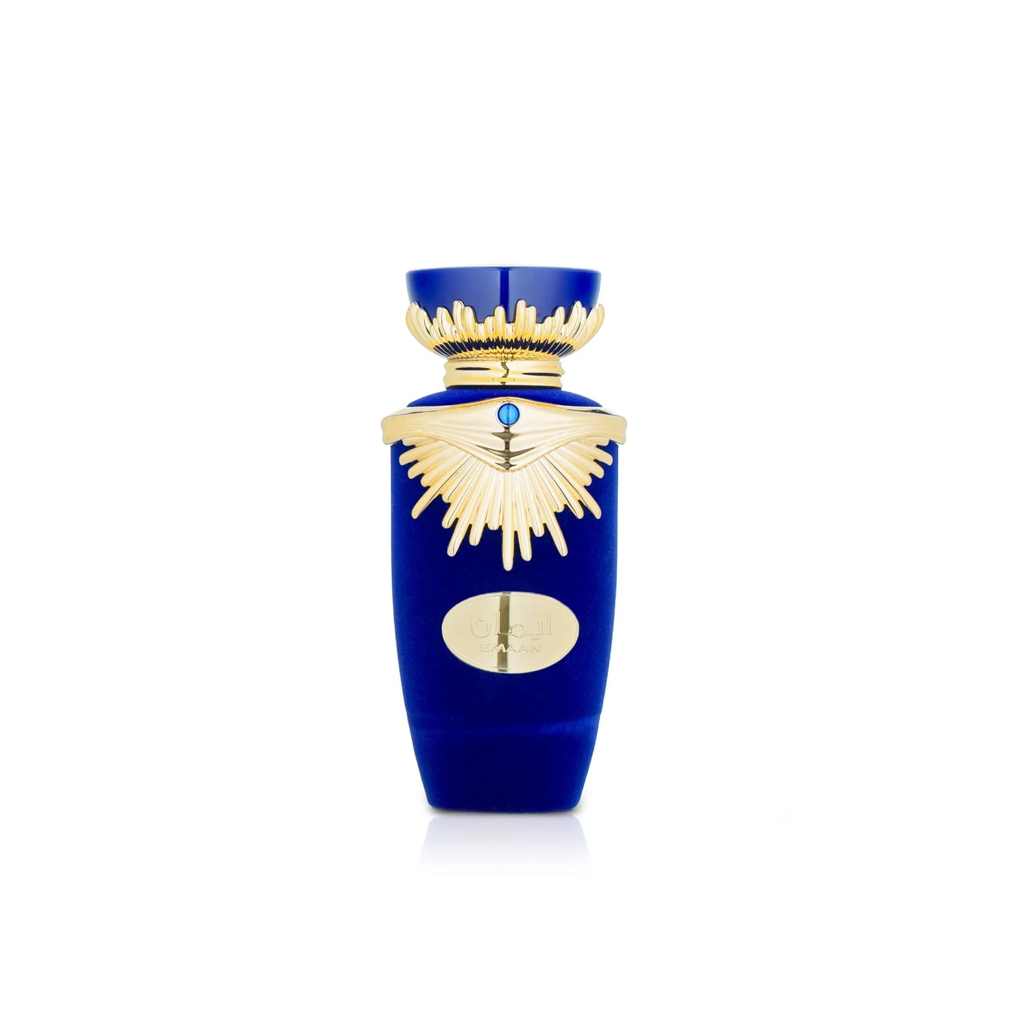 Blue perfume bottle with gold accents on a white background
