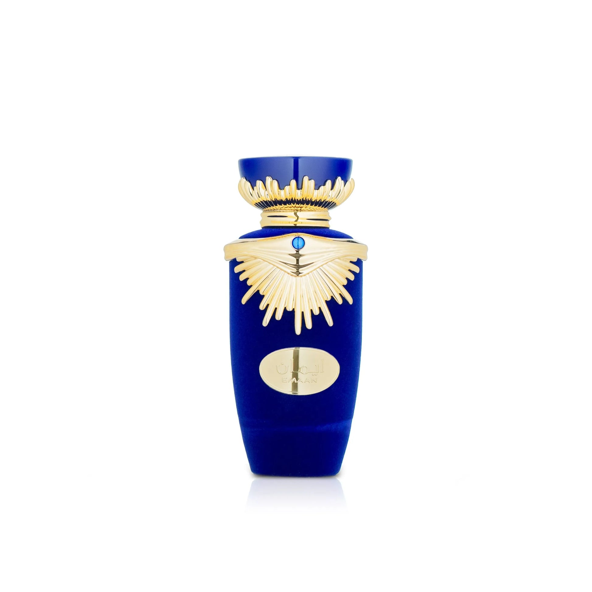 Blue perfume bottle with gold accents on a white background