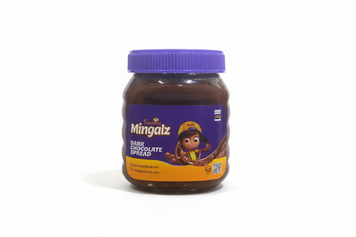 Jar of Fuches Mingalaz dark chocolate spread with purple lid on a white background