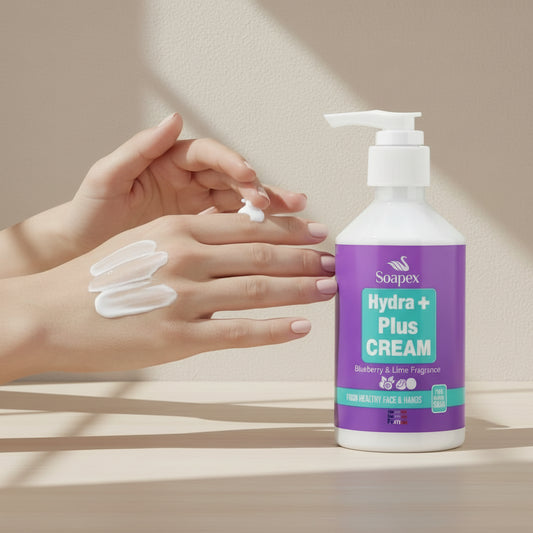 Soapex Hydra Plus Cream bottle on a pink background