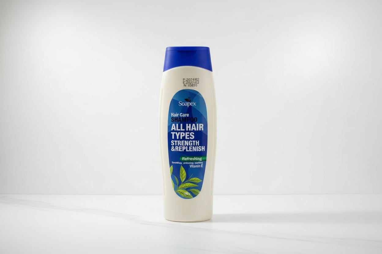 Three Soapex hair care shampoo bottles with different colored caps on a white background.