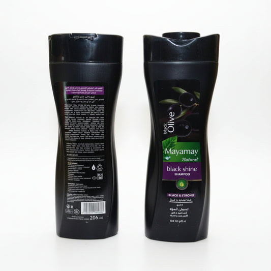 Two bottles of Mayamay Olive Black Shine hair care product 