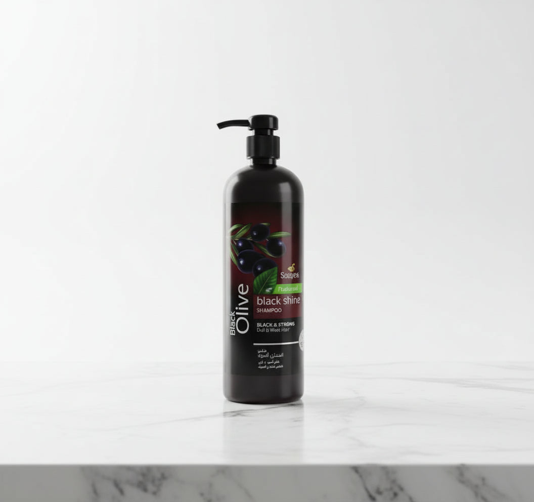 Soapex black olive shampoo bottle with olives 