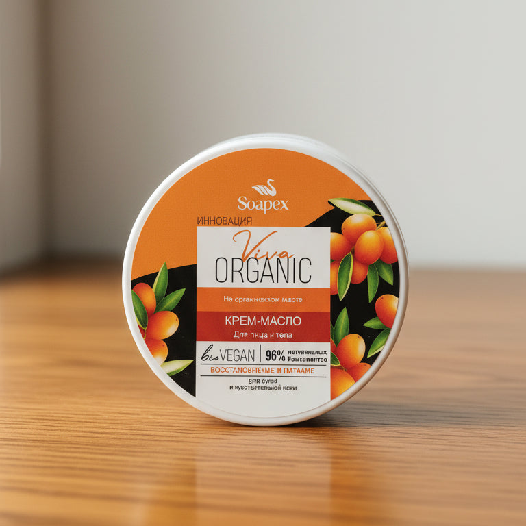 Container of cream or oil with a label on a wooden surface