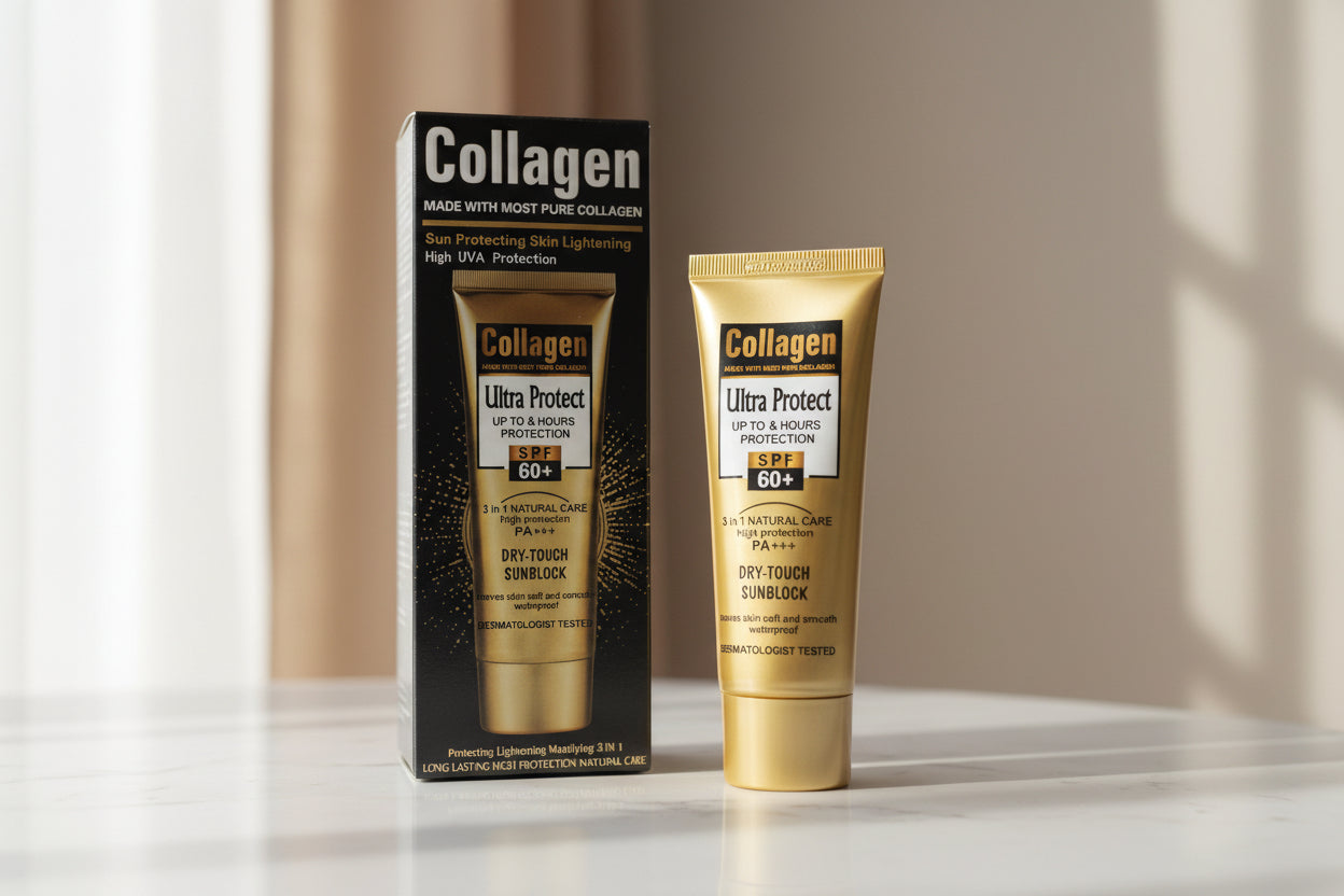 Collagen ultra protect sunblock packaging on a dark surface