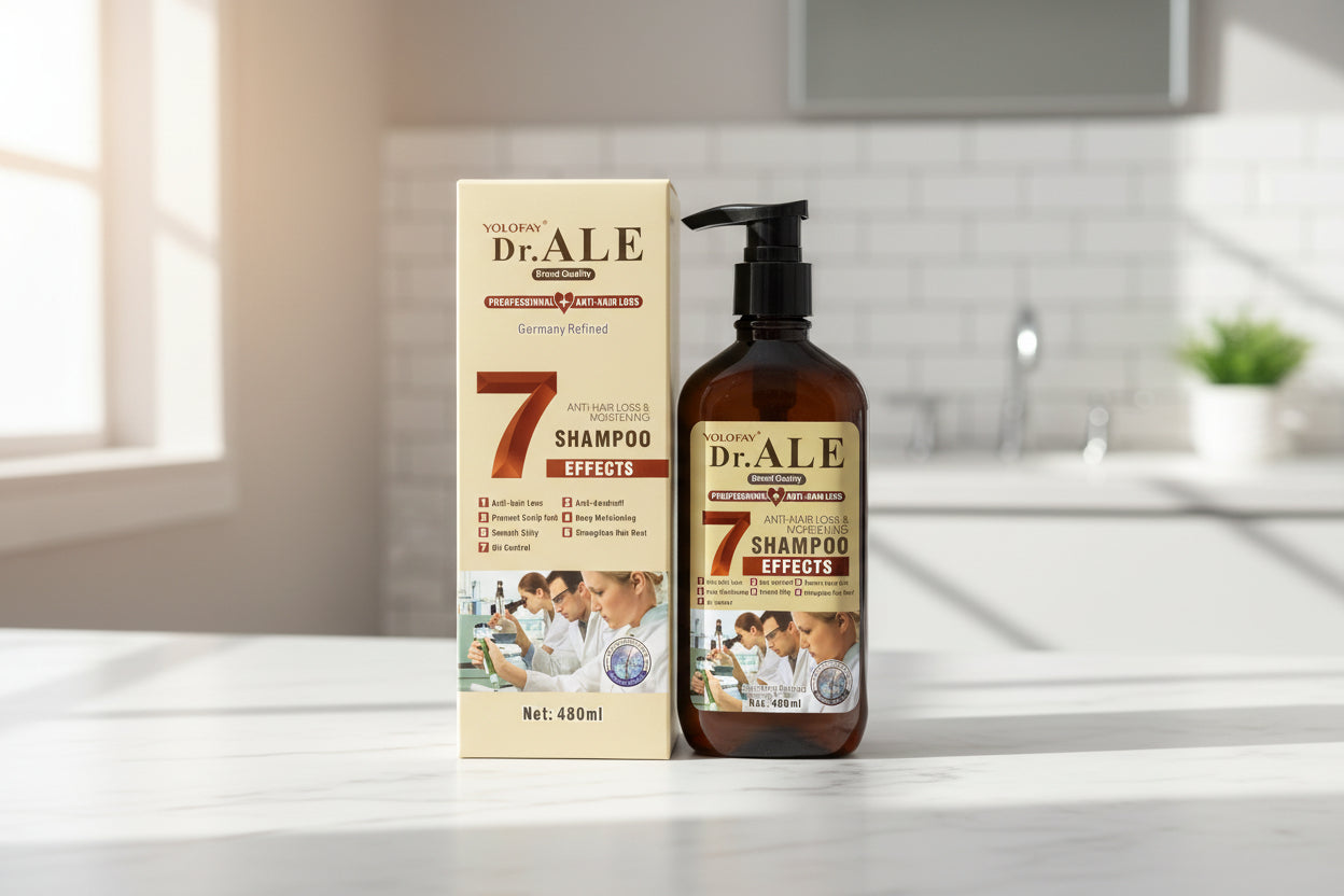 Yolofay Dr. Ale shampoo bottle and packaging on a dark background