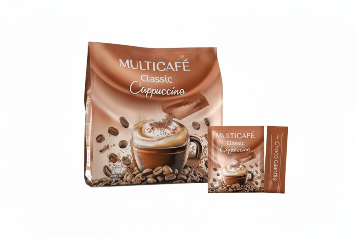 Multicafé Classic Cappuccino packaging with coffee beans and a cup on a white background