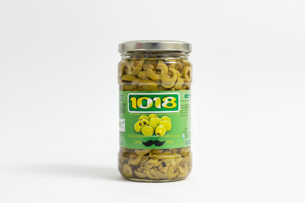 Jar of pickles with a '1018' label on a white background