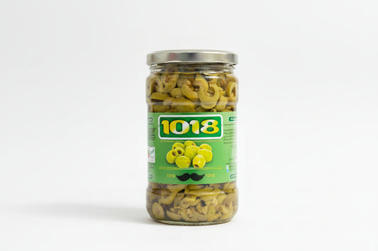 Jar of pickles with a '1018' label on a white background
