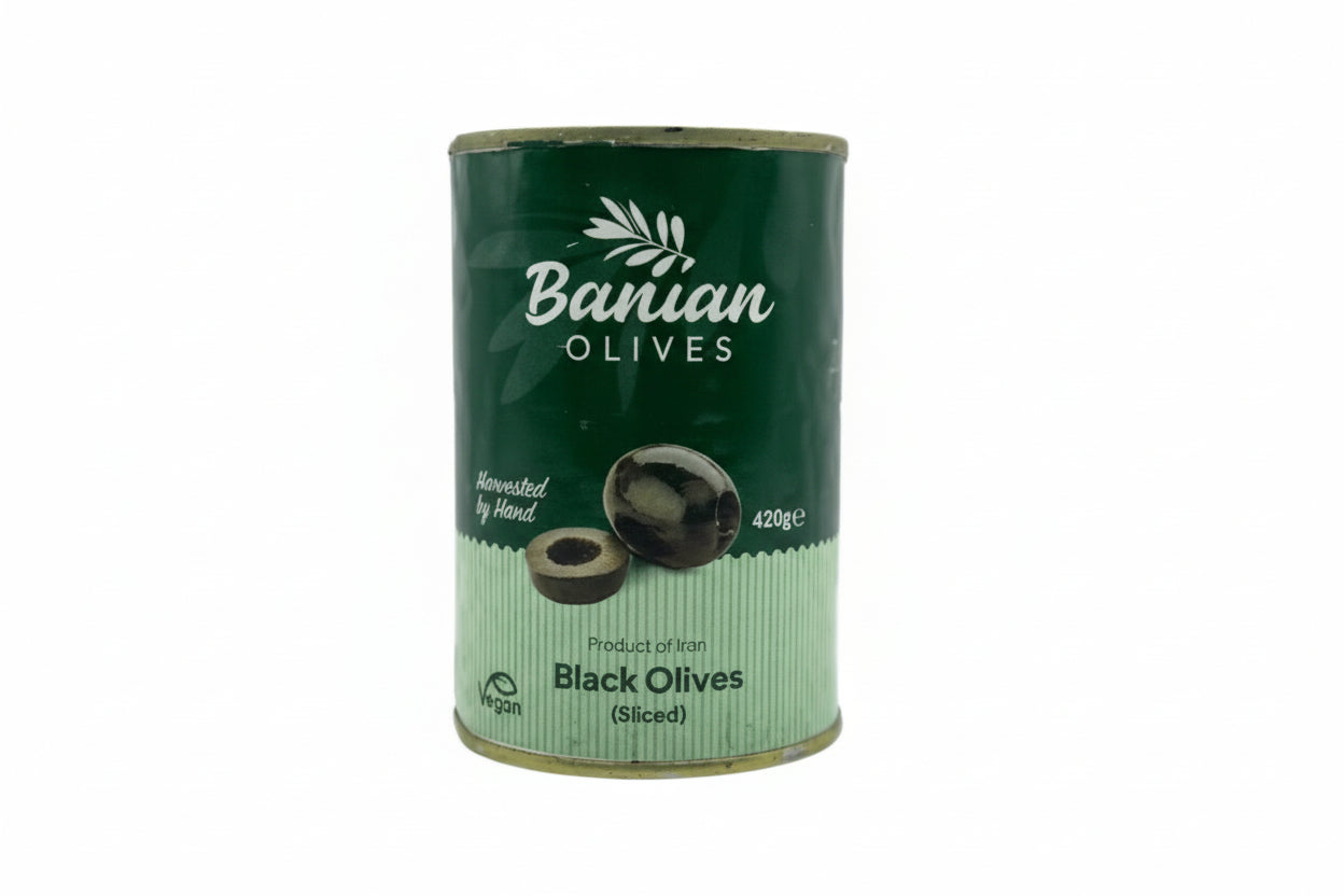 Bananian Black Olives packaging on a product page with visible branding and product details.