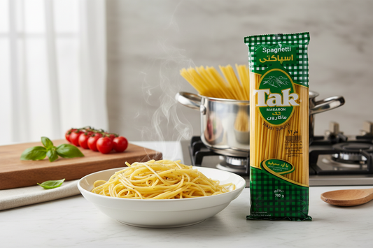 Packaged spaghetti with green and yellow packaging background