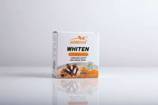 Box of ABBAMM Whiten tooth powder on a white background