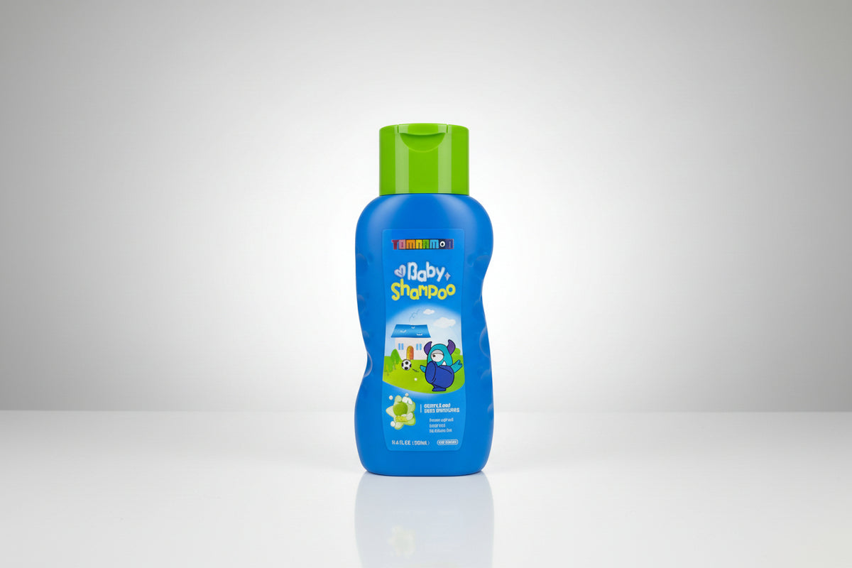 Two bottles of Tommee Tippee baby shampoo with green caps 