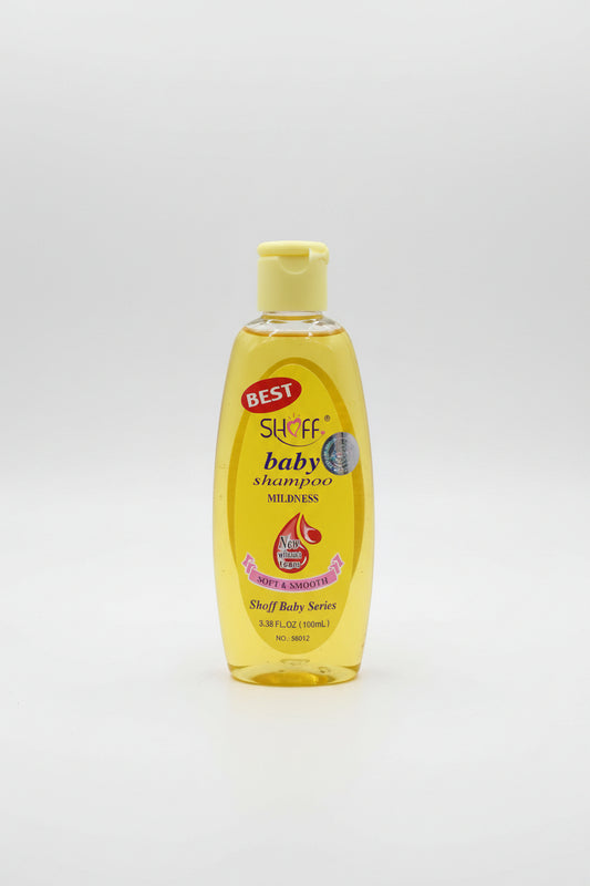 Two bottles of Shoff baby shampoo with yellow labels on a reflective surface.