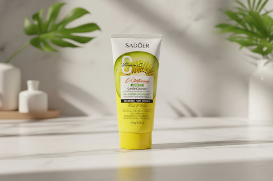 Three Sadoer Vitamin C whitening gentle cleansers in orange, green, and yellow on a white background.