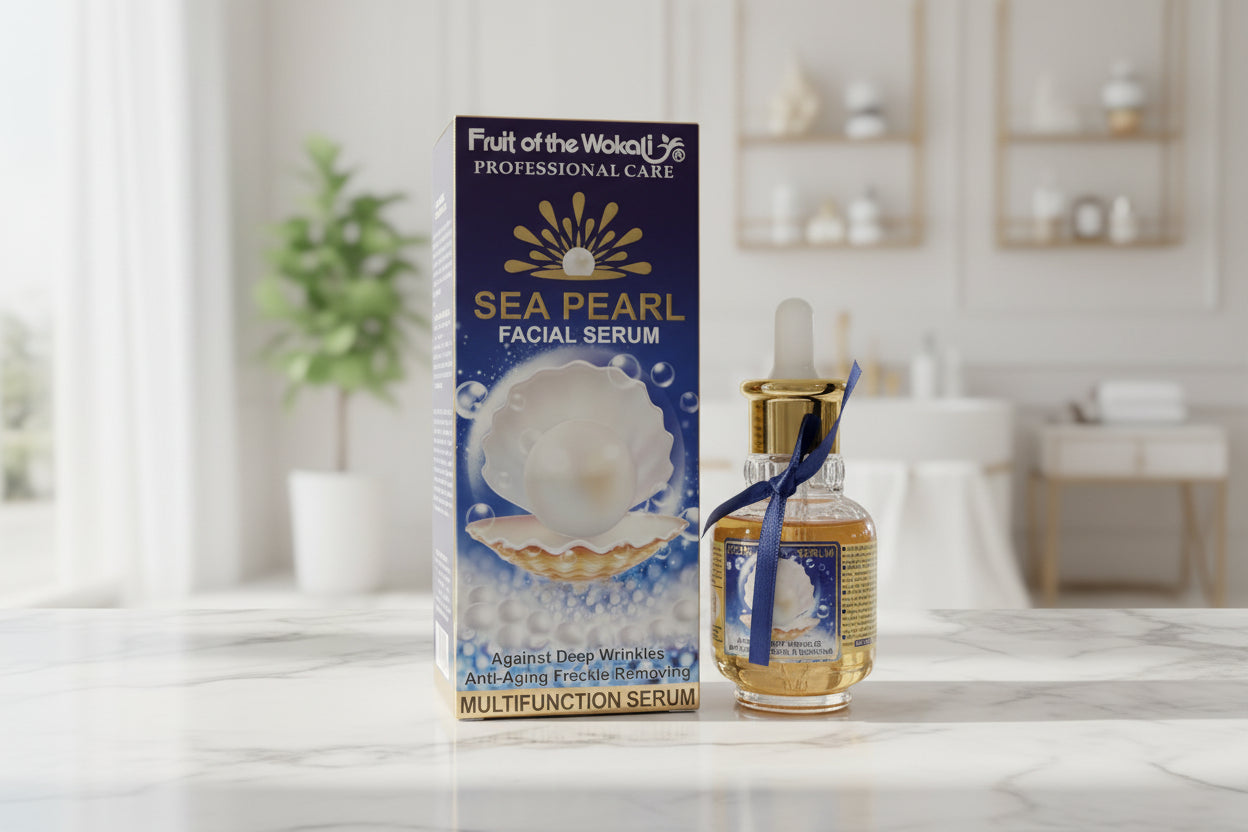 Sea Pearl Facial Serum packaging and bottle on a table 