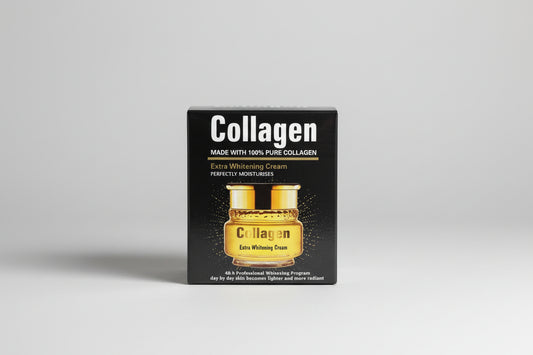 Packaging of Collagen Extra Whitening Cream on a metallic surface