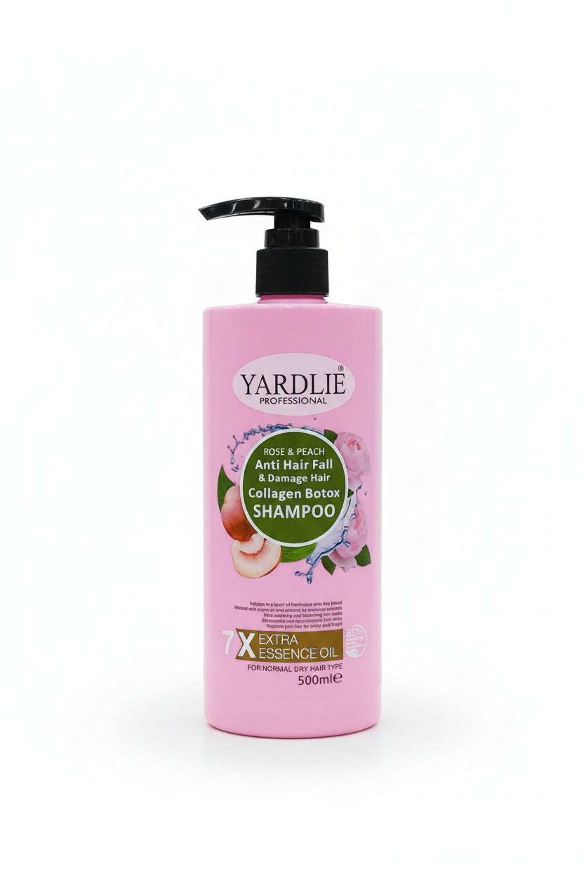 Three bottles of Yardlie shampoo in different flavors on a blurred background