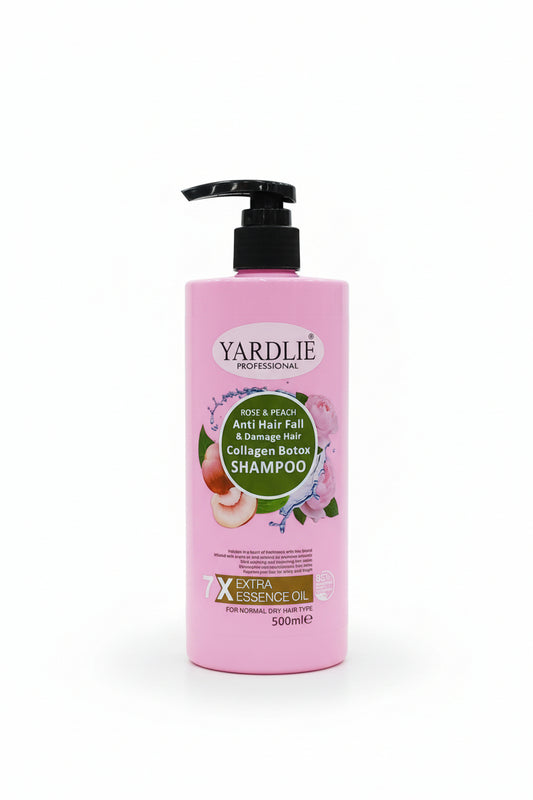 Three bottles of Yardlie shampoo in different flavors on a blurred background