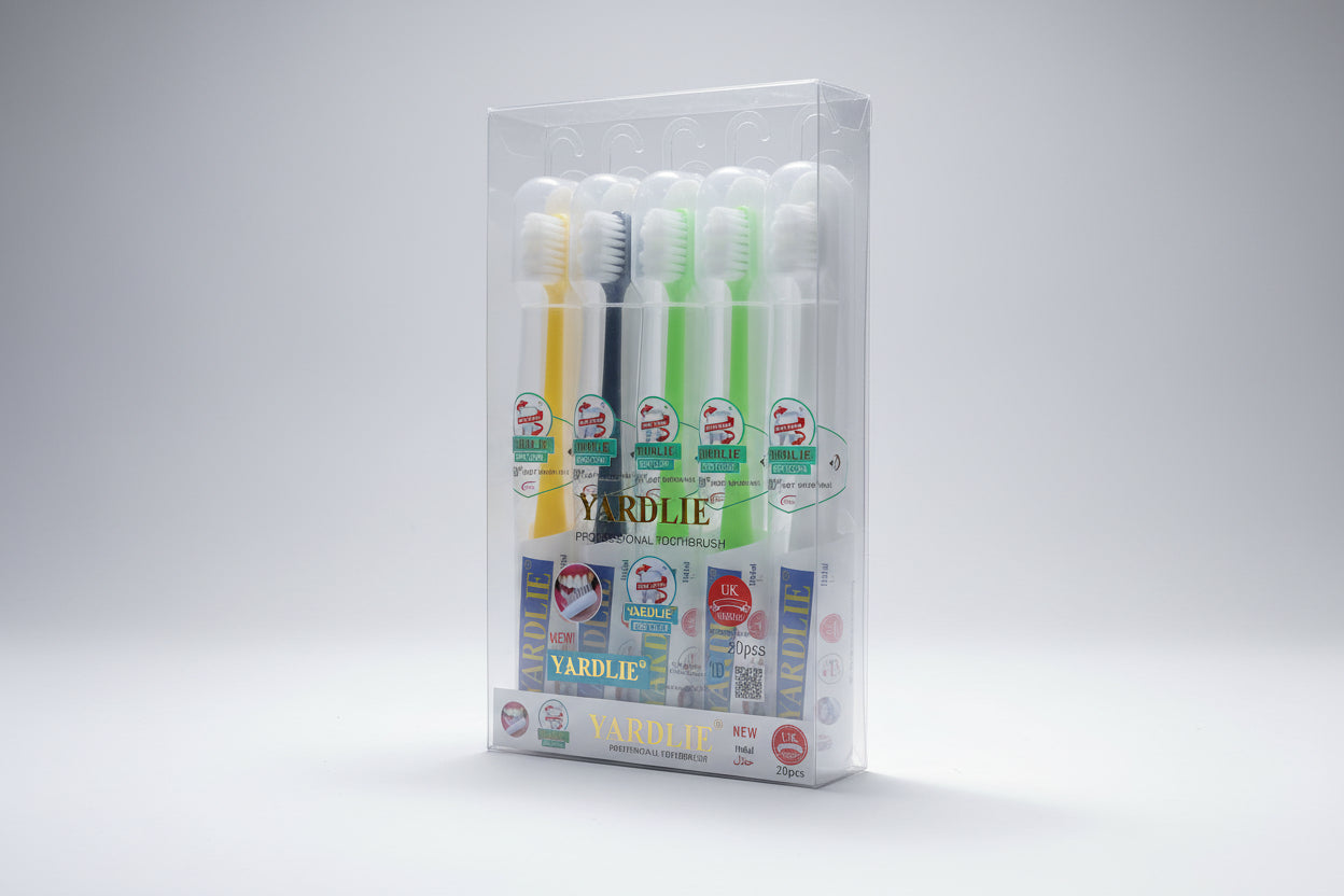 Packaged Yardlie toothbrushes with visible branding and product details.