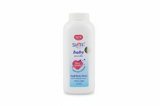 Multiple bottles of Shoff baby powder on a shelf.