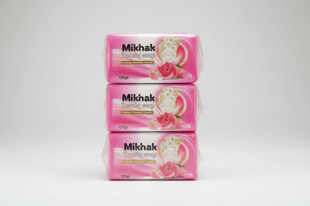 Three bars of Mikhak soap on a white background