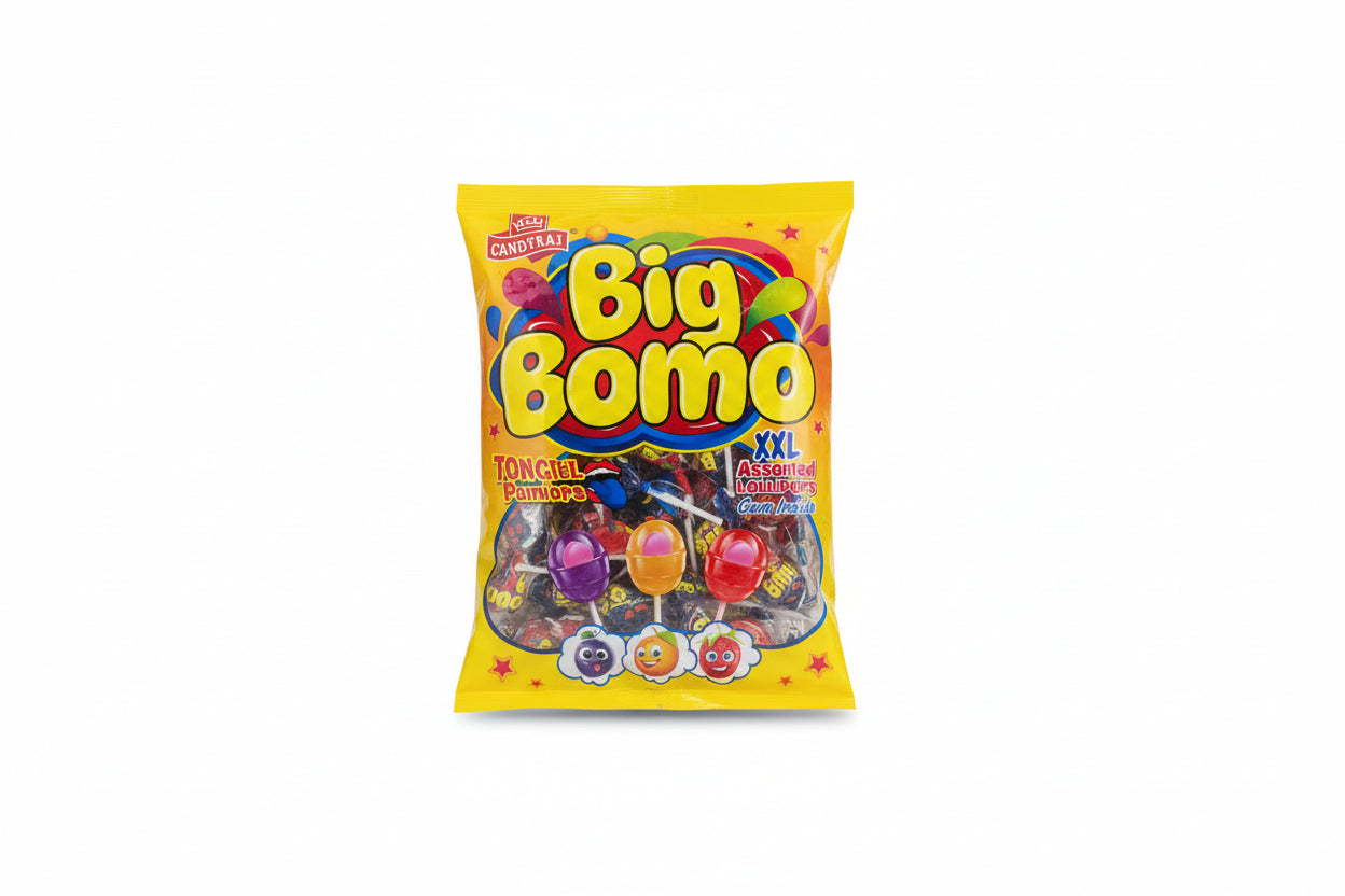 Colorful packaging of Big Bomo candy with a yellow border 