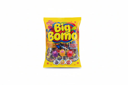 Colorful packaging of Big Bomo candy with a yellow border 