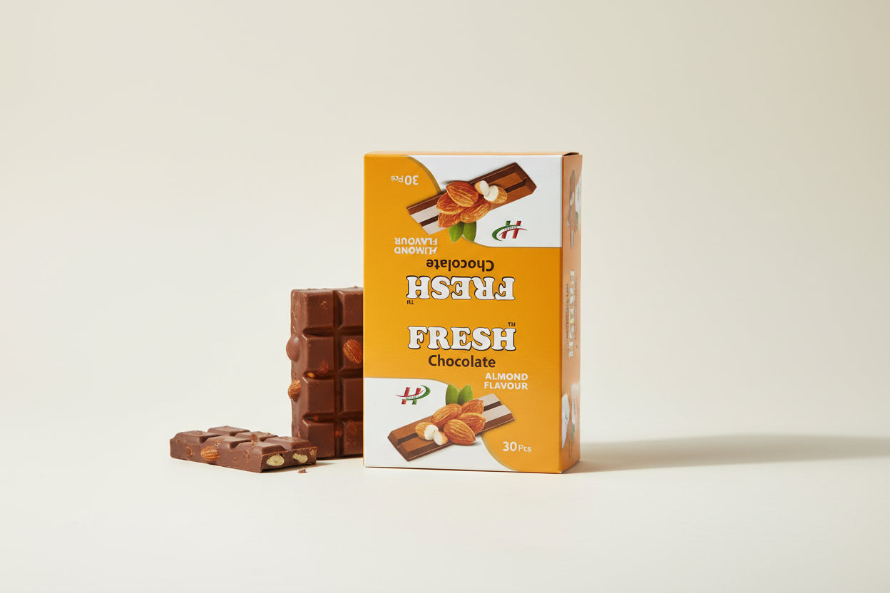 Packaging of Fresh Chocolate with Almond Flavour on a textured surface
