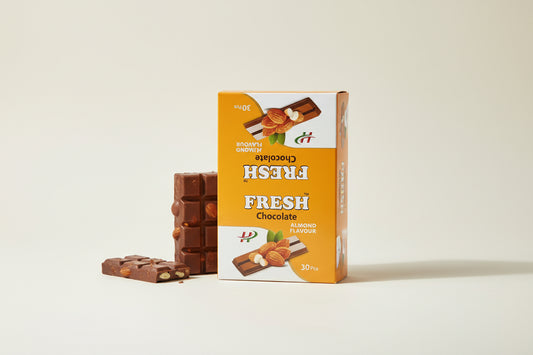 Packaging of Fresh Chocolate with Almond Flavour on a textured surface
