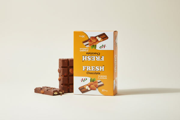 Packaging of Fresh Chocolate with Almond Flavour on a textured surface