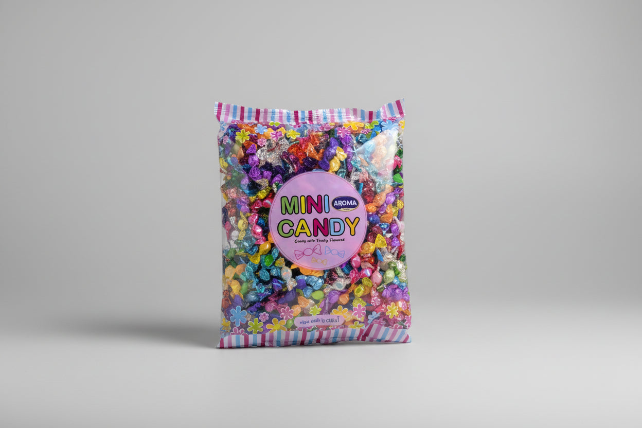 Bag of mini candy with colorful packaging on a textured surface