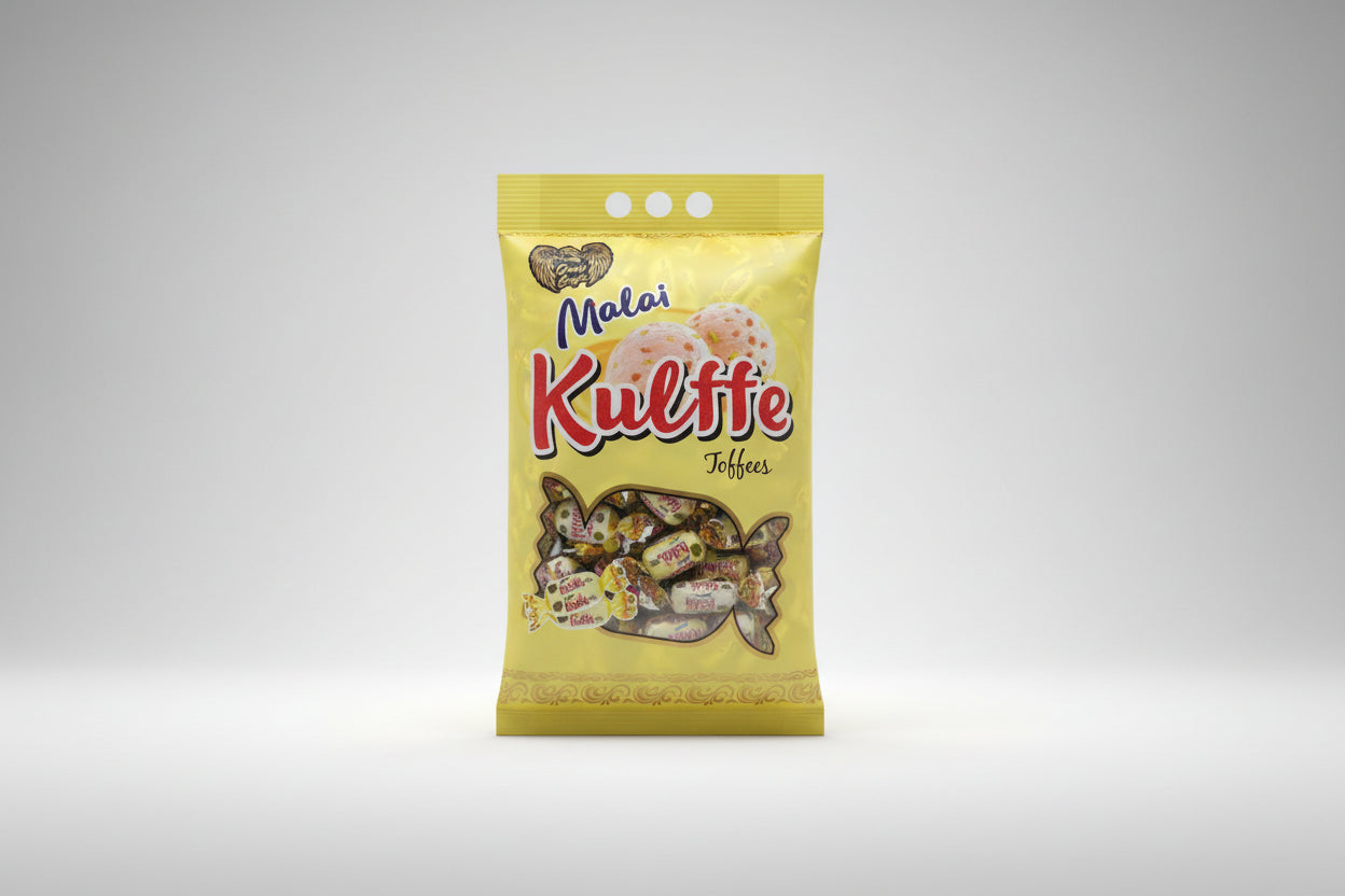 Packaged candy with 'Malai Kulfi' branding on a textured surface