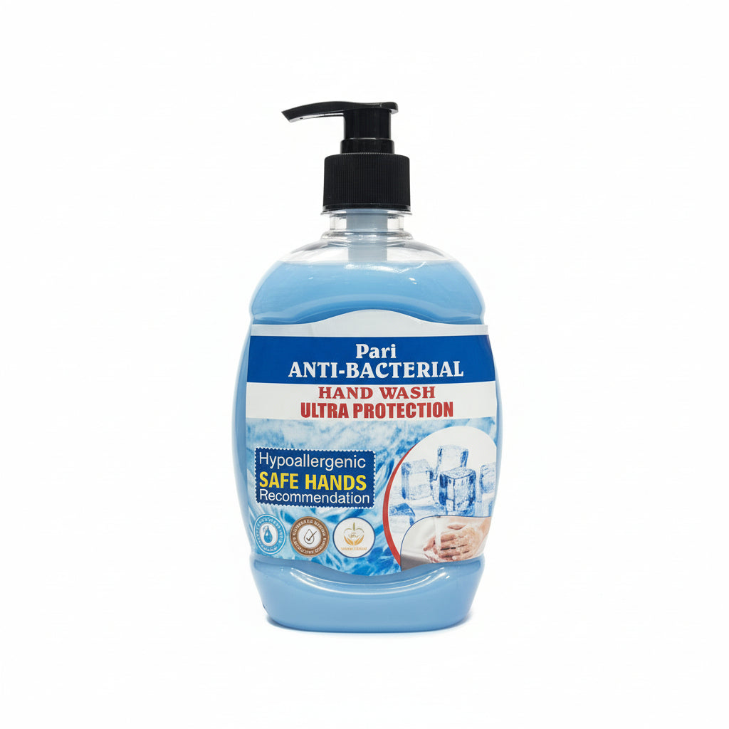 Three bottles of Pari Anti-Bacterial Hand Wash on a grass-like surface with a store setting in the background.