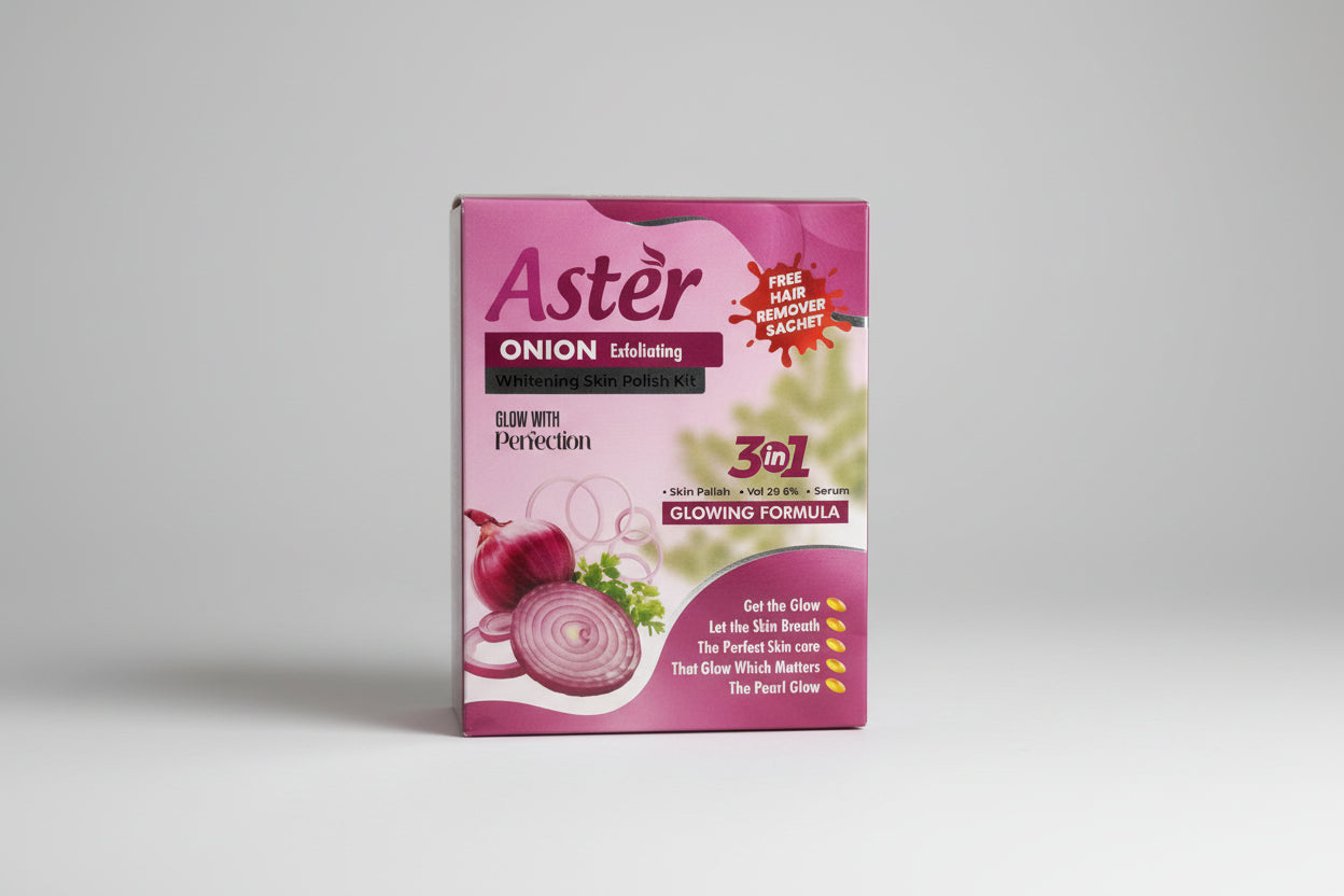 Aster Onion Exfoliating Whitening Skin Polish Kit packaging on a grass-like surface
