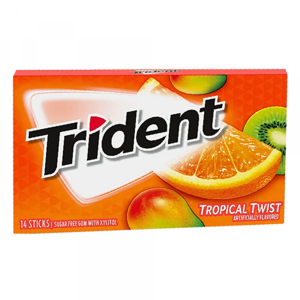 Trident Tropical Twist gum packaging with fruit images on a white background