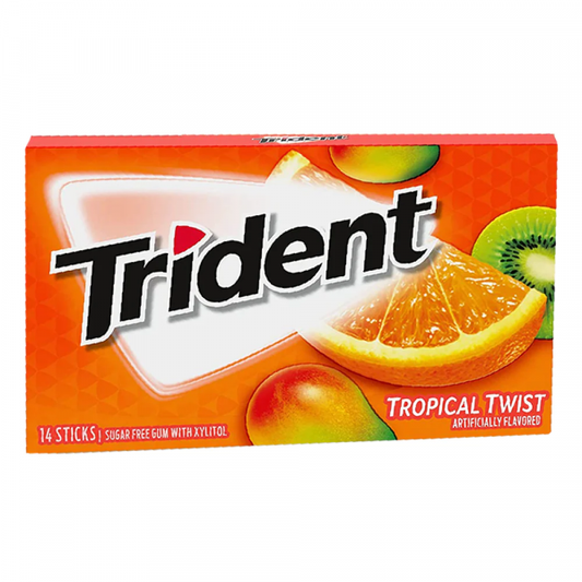 Trident Tropical Twist gum packaging with fruit images on a white background