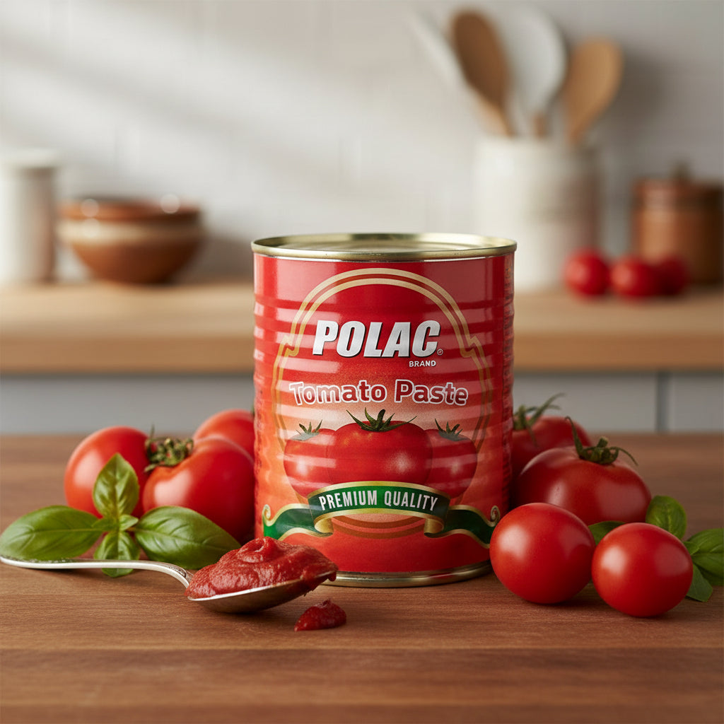 Can of Polac tomato paste with red label and tomato